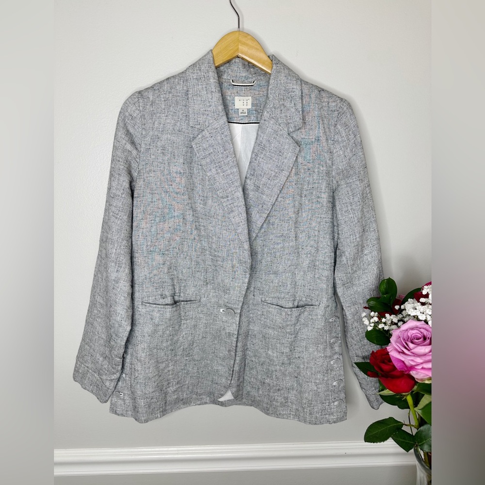 A New Day BlazerWomen Gray Metallic Linen Blend Button Collar Pocket V-neck